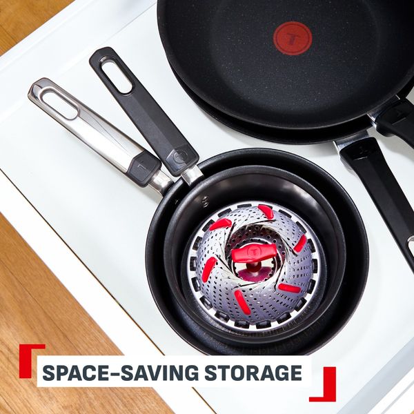 Cos pentru gatit la aburi Tefal Ingenio+ K1993034, inox, diametru reglabil, compatibilitate cu masina de spalat vase, argintiu & rosu