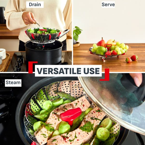 Cos pentru gatit la aburi Tefal Ingenio+ K1993034, inox, diametru reglabil, compatibilitate cu masina de spalat vase, argintiu & rosu