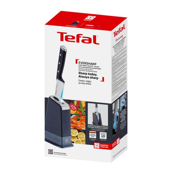 Cuțitul bucătarului & suport Tefal EverSharp Pro K297S244, inox german, m&acirc;ner ergonomic, sistem de ascuțire integrat, negru & argintiu