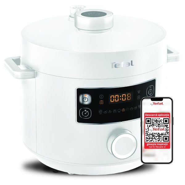 Multicooker cu gătire sub presiune Tefal Turbo Cuisine CY754130, aplicație dedicată My Tefal, 4.8L, 10 programe automate, Funcții inteligente, 12 sisteme de siguranță, accesorii, alb