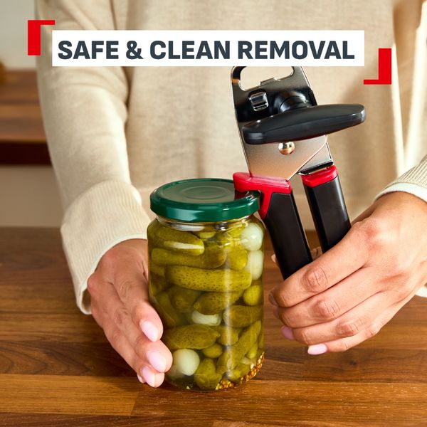Deschizator pentru conserve, borcane si sticle Tefal Ingenio K4274334, inox, compatibilitate cu masina de spalat vase, negru & rosu