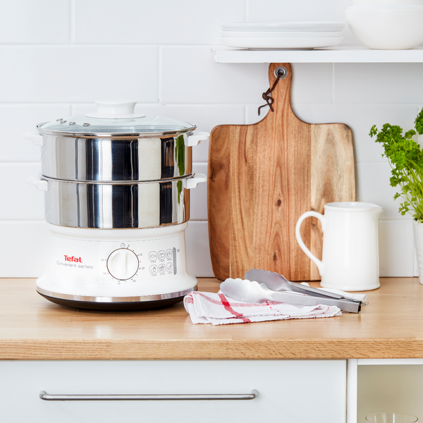 Aparat de gătit cu aburi Tefal Convenient Series VC145130, 2 vase, cronometru mecanic, 2 accesorii, 6 L, inox, alb