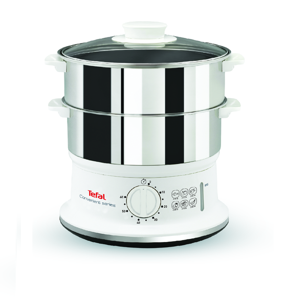 Aparat de gătit cu aburi Tefal Convenient Series VC145130, 2 vase, cronometru mecanic, 2 accesorii, 6 L, inox, alb