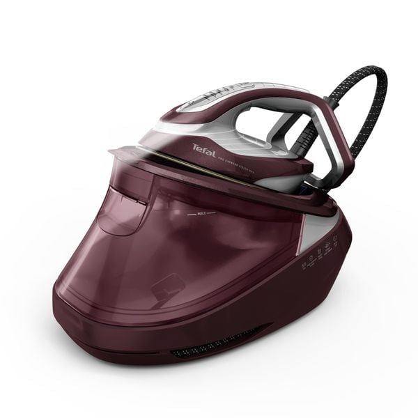 Statie de calcat de inalta presiune Tefal Pro Express Vision Max GV9921E0, 3000 W, 8.8 bari, abur variabil 0 - 215 g/min, jet de abur pana la 850 g/min, rezervor apa 1.2L, talpa Durilium Airglide Autoclean, abur vertical, iluminare LED, visiniu & alb