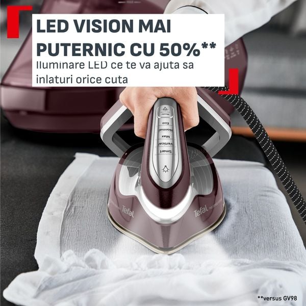 Statie de calcat de inalta presiune Tefal Pro Express Vision Max GV9921E0, 3000 W, 8.8 bari, abur variabil 0 - 215 g/min, jet de abur pana la 850 g/min, rezervor apa 1.2L, talpa Durilium Airglide Autoclean, abur vertical, iluminare LED, visiniu & alb