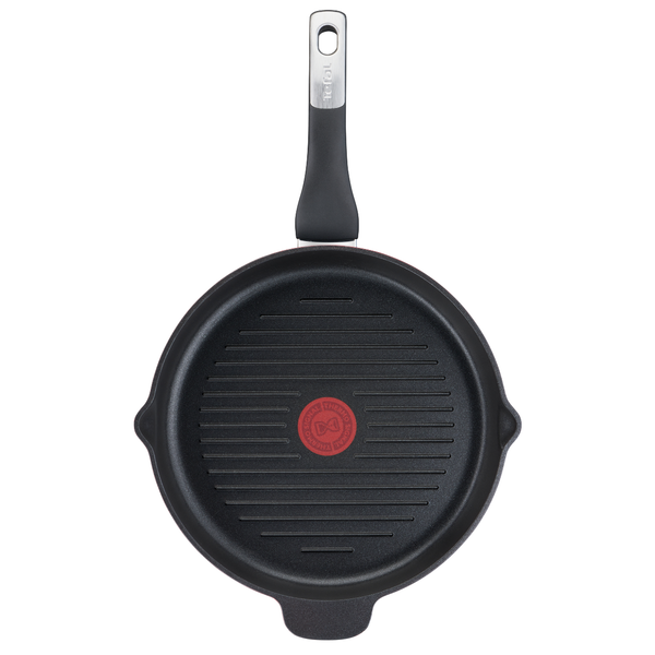 Tigaie grill 26 cm Unlimited Tefal E2294074, &icirc;nveliș antiaderent 100% sigur, Titanium Anti-Scratch, Thermo-Signal&trade;, bază Thermo-Fusion&trade;, aluminiu, negru