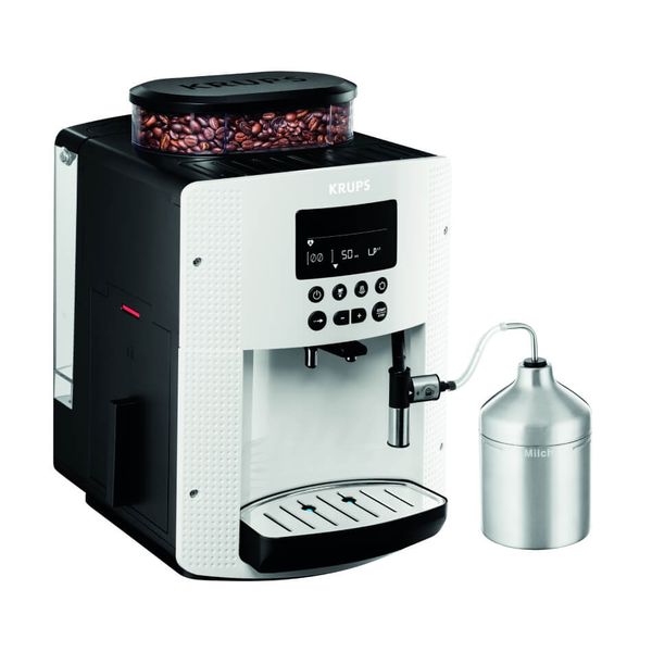 Espressor automat Krups Espresseria EA816170, 1450W, 15 bari, 3 trepte de temperatură, rezervor boabe 260g, rezervor apă detașabil 1.7L, duză cappuccino, recipient lapte inclus, alb