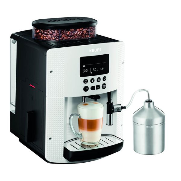Espressor automat Krups Espresseria EA816170, 1450W, 15 bari, 3 trepte de temperatură, rezervor boabe 260g, rezervor apă detașabil 1.7L, duză cappuccino, recipient lapte inclus, alb