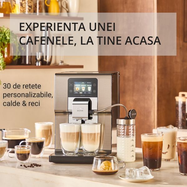 Espressor automat Krups Intuition Experience Hot&Cold EA879EE0, 1550 W, presiune 15 bari, capacitate rezervor apa 3 L, 13 trepte de macinare, tehnologie One Touch Cappuccino, 30 retete, ecran tactil, oprire automata, argintiu & negru