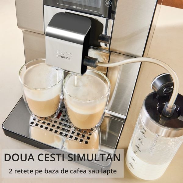 Espressor automat Krups Intuition Experience Hot&Cold EA879EE0, 1550 W, presiune 15 bari, capacitate rezervor apa 3 L, 13 trepte de macinare, tehnologie One Touch Cappuccino, 30 retete, ecran tactil, oprire automata, argintiu & negru