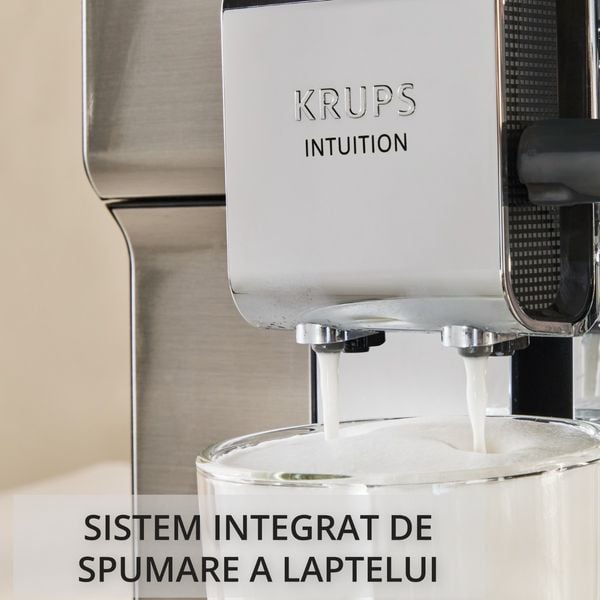 Espressor automat Krups Intuition Experience Hot&Cold EA879EE0, 1550 W, presiune 15 bari, capacitate rezervor apa 3 L, 13 trepte de macinare, tehnologie One Touch Cappuccino, 30 retete, ecran tactil, oprire automata, argintiu & negru