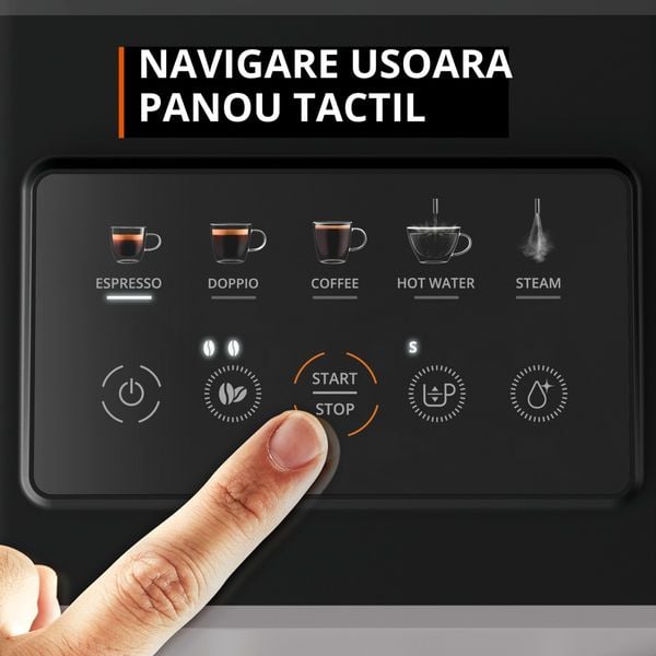 Espressor automat Krups My Coffee+ EA201BE0, 1690 W, 19 bari, 3 bauturi, rasnita metalica, 5 trepte macinare, rezervor apa 1.5 L, duza abur, panou tactil, gri