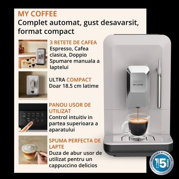 Espressor automat Krups My Coffee+ EA201BE0, 1690 W, 19 bari, 3 bauturi, rasnita metalica, 5 trepte macinare, rezervor apa 1.5 L, duza abur, panou tactil, gri