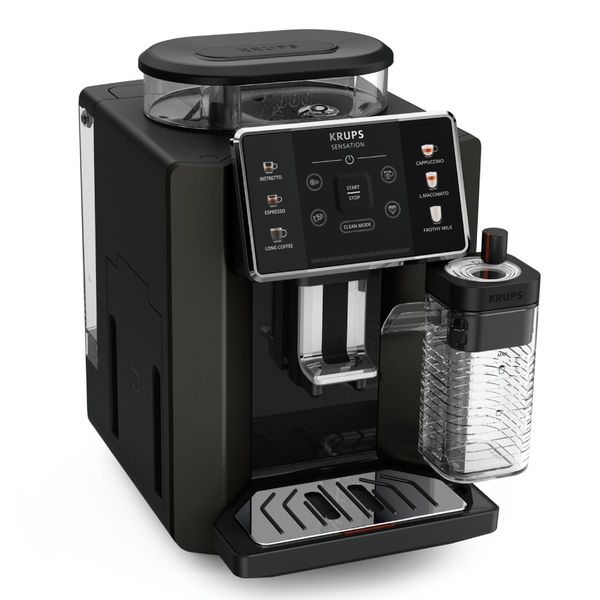 Espressor automat Krups Sensation Milk M50 EA912910, 1450W, 15 bari, 6 rețete, ecran tactil, 260g, 1.7l, 3 trepte temperatură, râșniță 5 nivele, tehnologie Milk Maestro, negru