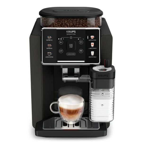 Espressor automat Krups Sensation Milk M50 EA912910, 1450W, 15 bari, 6 rețete, ecran tactil, 260g, 1.7l, 3 trepte temperatură, râșniță 5 nivele, tehnologie Milk Maestro, negru