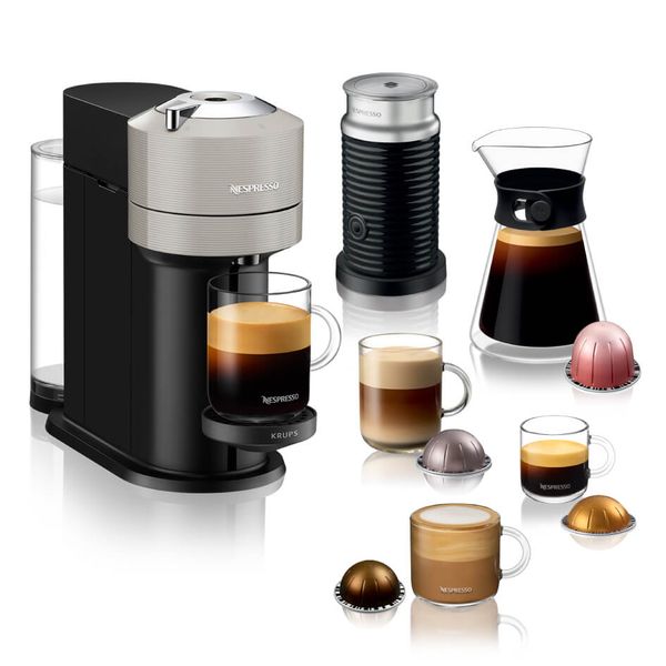 Espressor cu capsule Nespresso Vertuo Next by Krups XN911B10 + Aeroccino, 1500 W, 1.1 L, 12 capsule cadou, gri deschis & negru