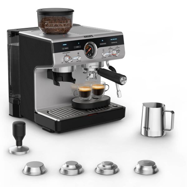 Espressor manual cu rasnita Krups Precision XP801T10, 15 bari, rezervor apa 3.5 L, 30 trepte de rasnire, 3 trepte temperatura, 3 trepte pre-infuzare, duza cappuccino & apa fierbinte, sistem Thermoblock, accesorii tip barista incluse, negru & argintiu