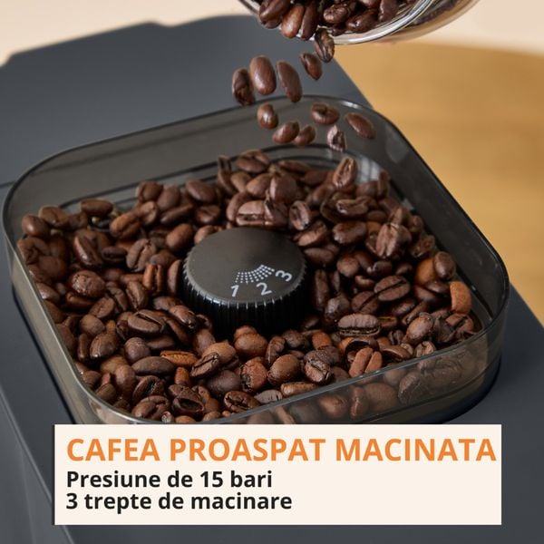 Espressor semi-automat Krups Coffee Crush SA404BE1, 1370 W, 15 bari, 6 retete, sistem bean-to-cup, rasnita inox, duza de abur pentru spumarea laptelui, preparare one-touch, 3 trepte temperatura, compatibil cafea macinata, negru & gri