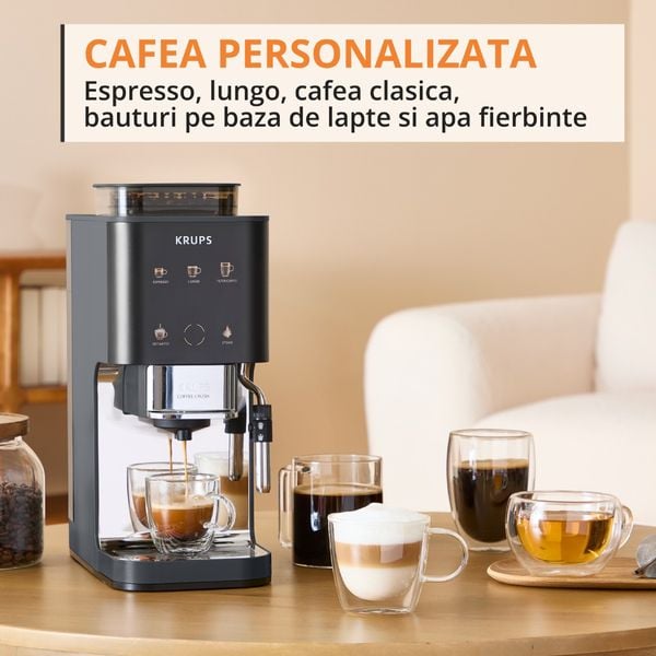 Espressor semi-automat Krups Coffee Crush SA404BE1, 1370 W, 15 bari, 6 retete, sistem bean-to-cup, rasnita inox, duza de abur pentru spumarea laptelui, preparare one-touch, 3 trepte temperatura, compatibil cafea macinata, negru & gri