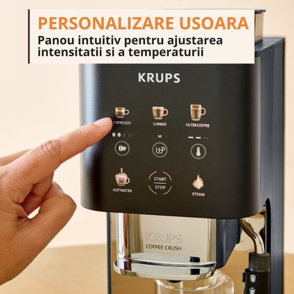Espressor semi-automat Krups Coffee Crush SA404BE1, 1370 W, 15 bari, 6 retete, sistem bean-to-cup, rasnita inox, duza de abur pentru spumarea laptelui, preparare one-touch, 3 trepte temperatura, compatibil cafea macinata, negru & gri