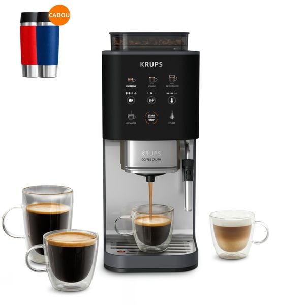 Espressor semi-automat Krups Coffee Crush SA404BE1, 1370 W, 15 bari, 6 retete, sistem bean-to-cup, rasnita inox, duza de abur pentru spumarea laptelui, preparare one-touch, 3 trepte temperatura, compatibil cafea macinata, negru & gri