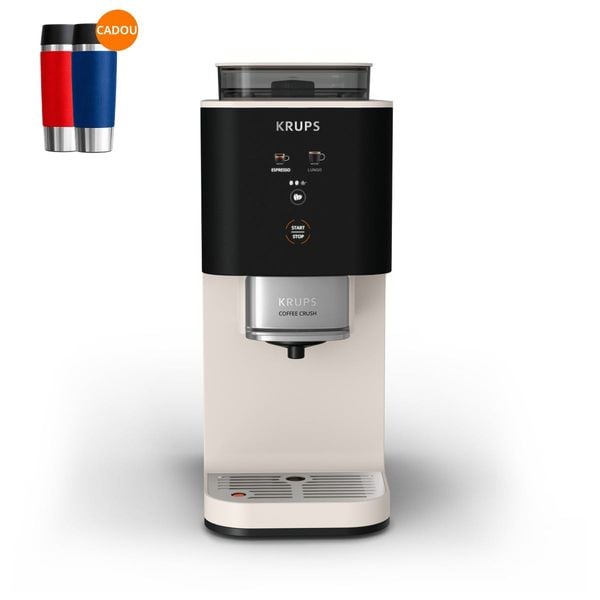 Espressor semi-automat Krups Coffee Crush SA4001E0, 1370 W, 15 bari, sistem bean-to-cup, rasnita inox, preparare one-touch, intensitate cafea ajustabila, compatibil cafea macinata, design ultra-compact, curatare usoara, crem & negru