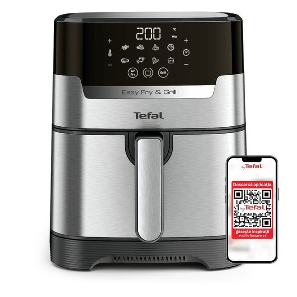 Friteuză cu aer cald Tefal Easy Fry&Grill 2in1 EY505D15, 1400W, 4.2L - Air fryer cu 8 programe, funcție grill cu grătar încorporat, funcție deshidratare, tehnologie Extra Crisp, vas detașabil, Negru/argintiu Friteuză cu aer cald Tefal Easy Fry&Grill 2in1 EY505D15, 1400W, 4.2L - Air fryer cu 8 programe, funcție grill cu grătar încorporat, funcție deshidratare, tehnologie Extra Crisp, vas detașabil, Negru/argintiu