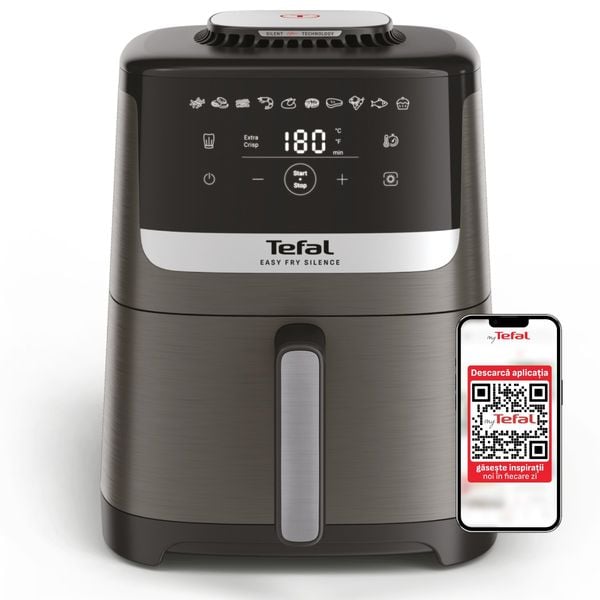 Friteuză cu aer cald Tefal Easy Fry Silence EY551HE0, 1670W, 5L - Air fryer cu 10 programe automate, ecran LCD, silențioasă, cu m&acirc;ner fix, cronometru, gri