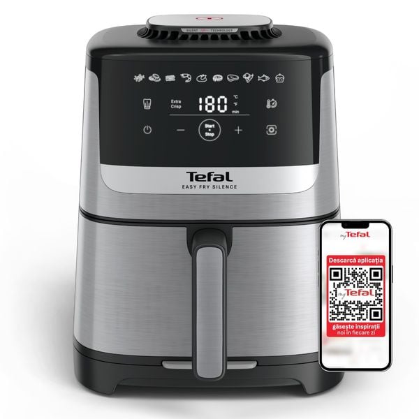 Friteuză cu aer cald Tefal Easy Fry Silence EY552DE0, 1670W, 5L - Air fryer cu 10 programe automate, ecran LCD, silențioasă, cu m&acirc;ner detașabil, cronometru, argintiu & negru