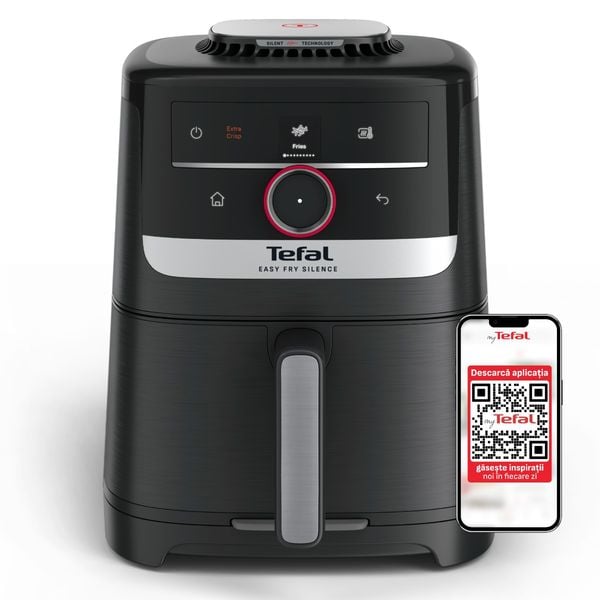 Friteuză cu aer cald Tefal Easy Fry Silence EY5728E1, 1670W, 5L, 11 programe, gătire silențioasă, funcție Smart Assist, display LCD, temperatură 40&deg;C - 220&deg;C, negru