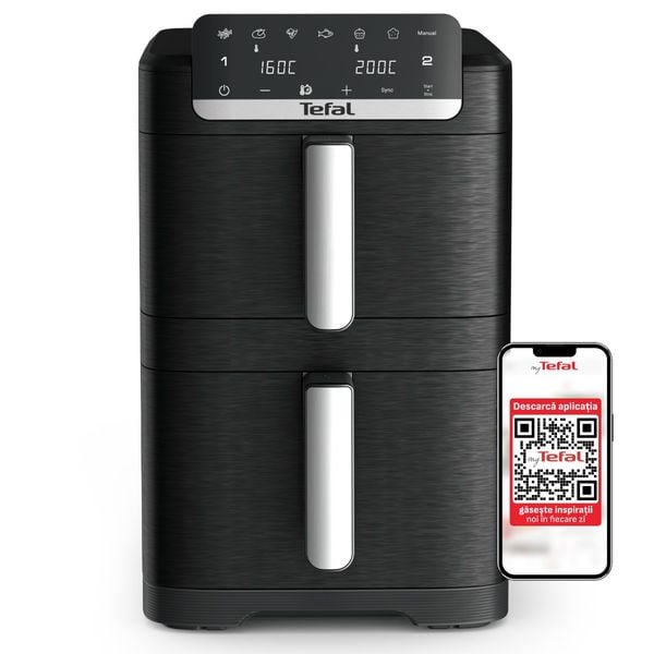 Friteuza dubla cu aer cald Tefal Easy Fry Crispy Stack EY7528E0, 2700 W, 10 L - Air fryer cu 7 programe automate, 2 compartimente, temperatura ajustabila, display digital, oprire automata, negru