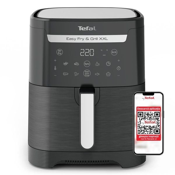 Air fryer 2 &icirc;n 1 cu aer cald și grătar Tefal Easy Fry & Grill XXL EY801815 , 8 programe, 6.3 L, 2 zone de gătire, &icirc;nveliș antiaderent, negru
