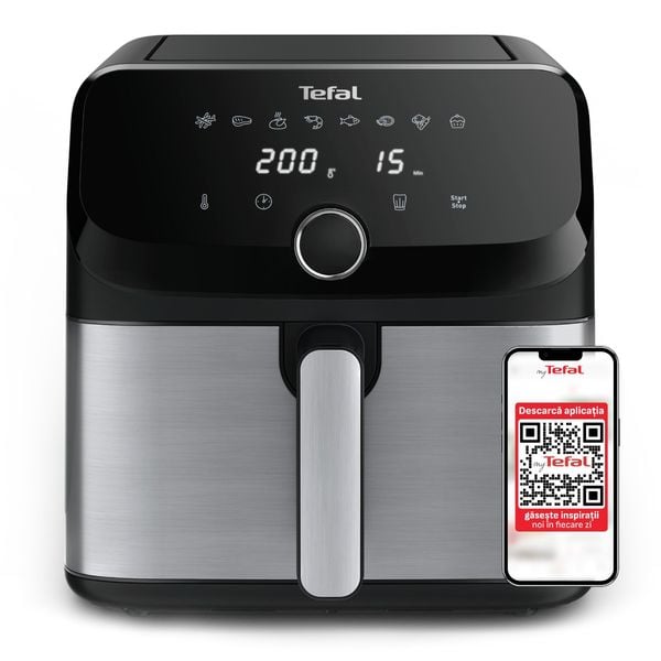 Friteuză cu aer cald Tefal Easy Fry Mega EY855D10, 2020W, capacitate 7.5L, p&acirc;nă la 8 persoane - Air fryer cu 8 programe, &icirc;nveliș antiaderent, oprire automată, control temperatură 80&deg;C - 200&deg;C, argintiu & negru
