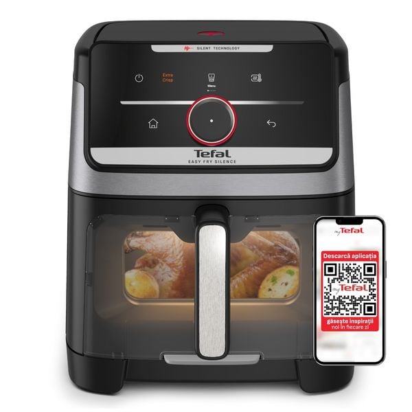 Friteuză cu aer cald Tefal Easy Fry Silence EY876DE0, 1800W, capacitate 7 L, 12 programe, oprire automată, temperatură ajustabilă, ecran LCD, tehnologie Extra-Crisp, argintiu & negru