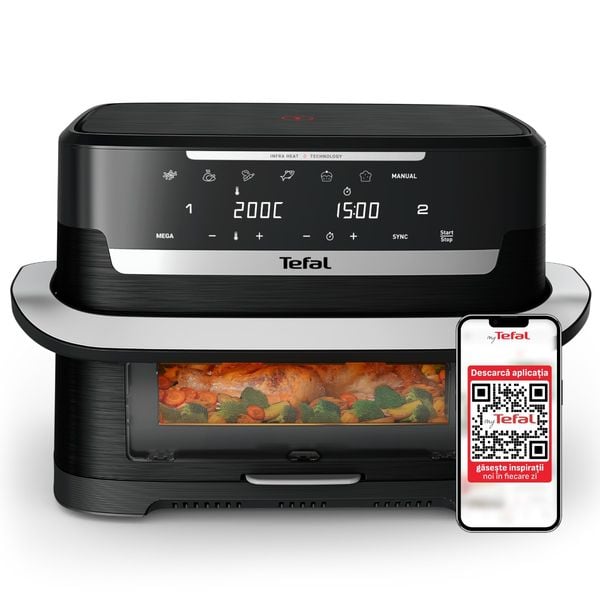 Friteuza cu aer cald Tefal Ever Fry Dual Flex EY9288E0, 2700 W, 9 L, - Air fryer cu 7 programe automate, tehnologie avansata Infra-Heat™, 11 functii, gatire pe 2 zone, ecran LCD, fereastra vizualizare, negru