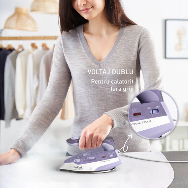 Fier de călcat cu abur portabil Tefal First Class DB1612E0, 1000 W, jet de abur 45 g/min, abur variabil 0-10 g/min, talpă Microsteam 200, mâner pliabil, alb & violet