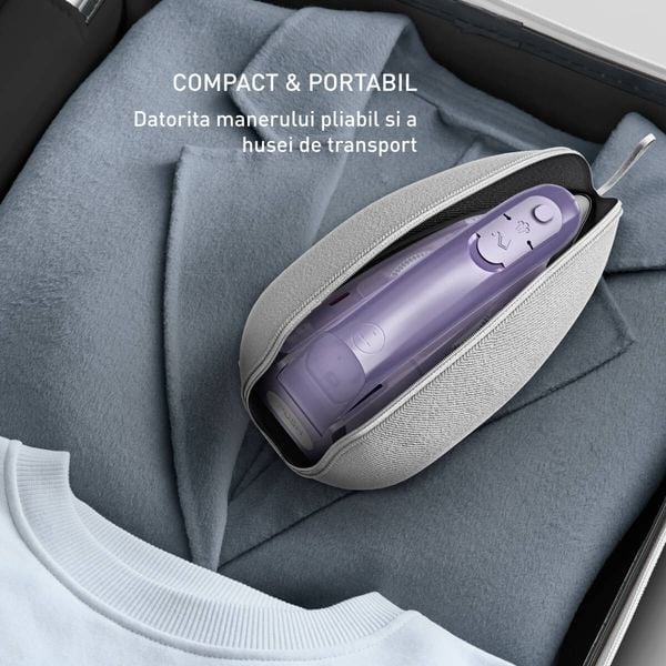 Fier de călcat cu abur portabil Tefal First Class DB1612E0, 1000 W, jet de abur 45 g/min, abur variabil 0-10 g/min, talpă Microsteam 200, mâner pliabil, alb & violet
