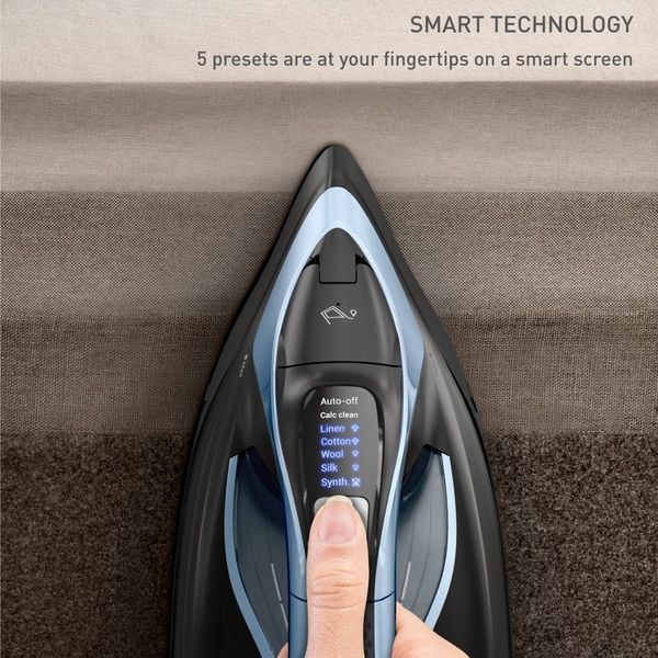 Fier de calcat cu abur Tefal Ultimate Power Pro FV9E53E0, 3200 W, jet de abur 310 g/min, abur variabil 0-85 g/min, rezervor apa 350 ml, talpa Durilium AirGlide AutoClean, oprire automata, negru & albastru