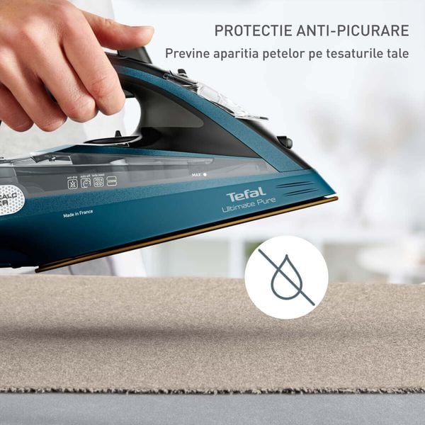 Fier de călcat cu aburi Tefal Ultimate Pure FV9851E0, 3200W, jet de abur 300 g/min, abur variabil 60 g/min, rezervor apă 350 ml, talpă Durilium AirGlide AutoClean, oprire automată, albastru & negru