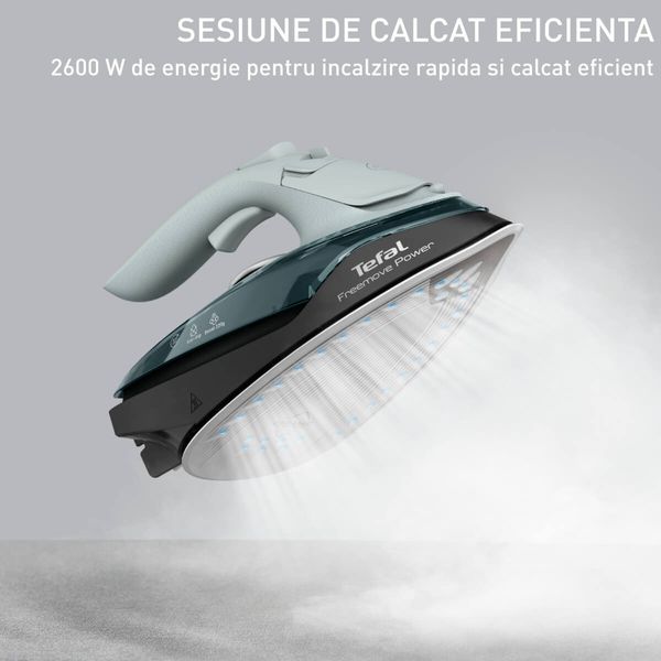 Fier de calcat fara fir Tefal Freemove Power FV6670E0, 2600W, jet abur 220 g/min, abur variabil 0 - 40 g/min, recipient apa 250 ml, sistem anticalcar, talpa ceramica, incalzire rapida in 30s, calcare verticala, verde & negru