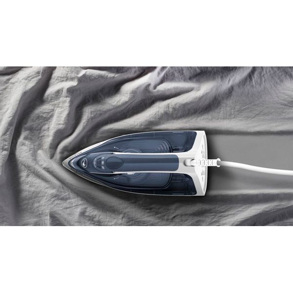 Fier de călcat Tefal Express Steam FV2837E0, 2400W, jet de abur 165 g/min, abur variabil 0-35 g/min, 270 ml, talpa Cerilium, alb/ albastru deschis