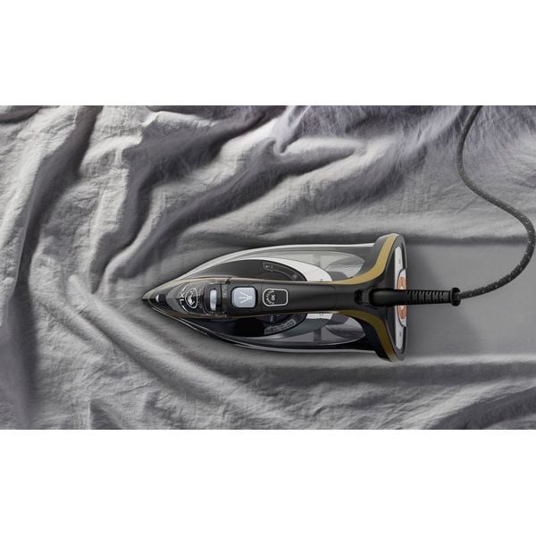 Fier de calcat Tefal Ultimate Pure FV9847E0, 3200W, jet abur 260g/min, abur variabil 0-60g/min, rezervor 350ml, talpa Durilium AirGlide AutoClean, oprire automata, negru/auriu