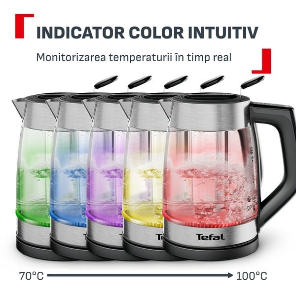 Fierbator de apa Tefal Element BJ760DE0, 2200 W, 1.7 L, 5 trepte temperatura, indicator luminos temperatura, infuzor pentru ceai, baza rotativa, argintiu & negru