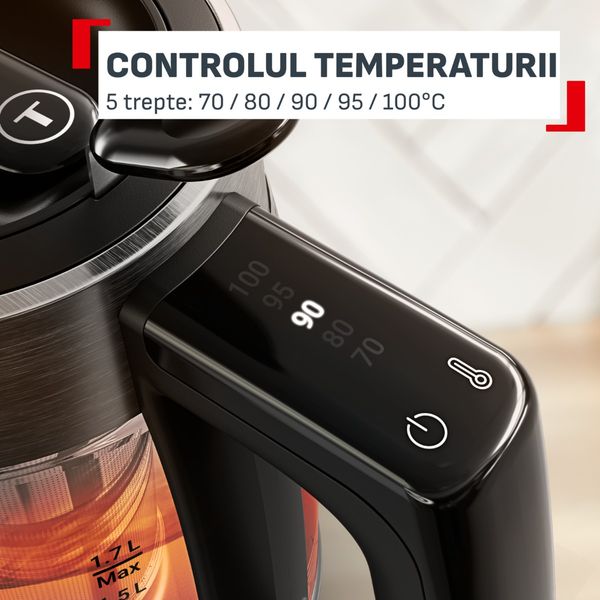 Fierbator de apa Tefal Element BJ760DE0, 2200 W, 1.7 L, 5 trepte temperatura, indicator luminos temperatura, infuzor pentru ceai, baza rotativa, argintiu & negru