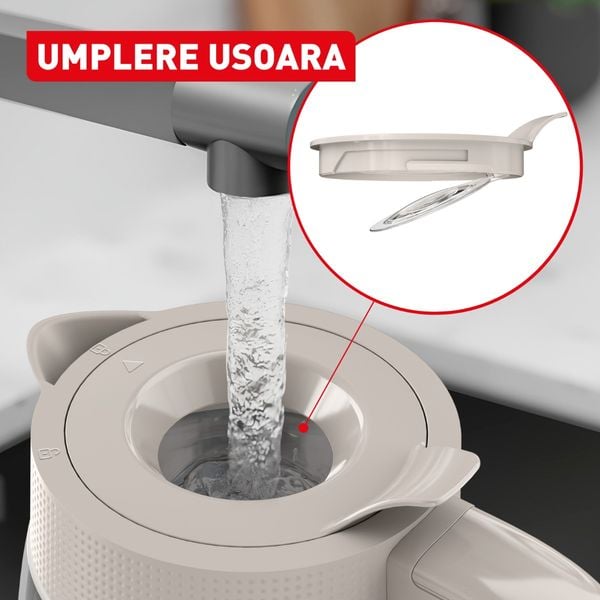 Fierbator de apa Tefal Morning KO2G0BE0, 2000 W, 1.7 L, vas din sticla cu gradatii, iluminare ambientala, filtru detasabil, functie oprire automata, baza rotativa, crem