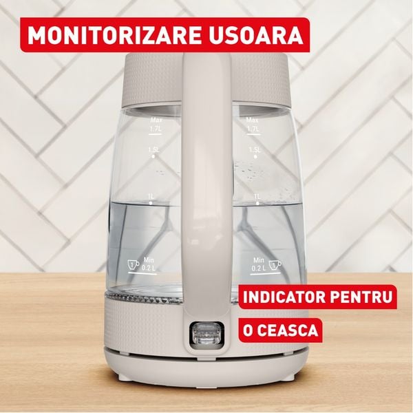 Fierbator de apa Tefal Morning KO2G0BE0, 2000 W, 1.7 L, vas din sticla cu gradatii, iluminare ambientala, filtru detasabil, functie oprire automata, baza rotativa, crem