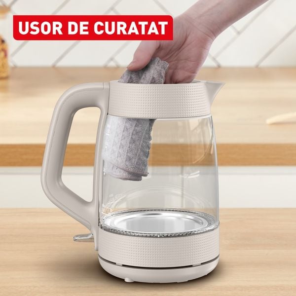 Fierbator de apa Tefal Morning KO2G0BE0, 2000 W, 1.7 L, vas din sticla cu gradatii, iluminare ambientala, filtru detasabil, functie oprire automata, baza rotativa, crem