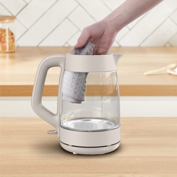 Fierbator de apa Tefal Morning KO2G0BE0, 2000 W, 1.7 L, vas din sticla cu gradatii, iluminare ambientala, filtru detasabil, functie oprire automata, baza rotativa, crem