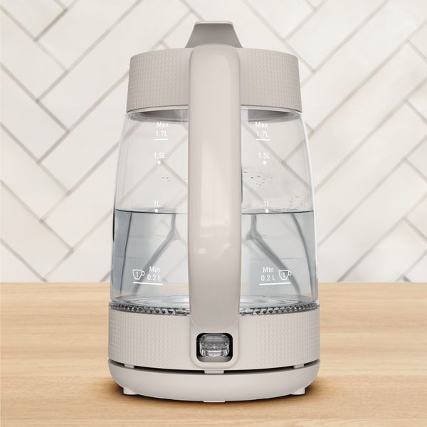 Fierbator de apa Tefal Morning KO2G0BE0, 2000 W, 1.7 L, vas din sticla cu gradatii, iluminare ambientala, filtru detasabil, functie oprire automata, baza rotativa, crem