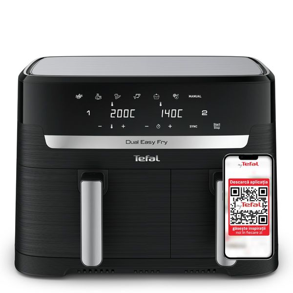 Friteuza cu aer cald Tefal Dual Easy Fry EY901810, 2700 W, 8.3 L, - Air fryer cu 10 programe automate, 2 cuve, invelis antiaderent, temperatura ajustabila, ecran digital, negru Friteuza cu aer cald Tefal Dual Easy Fry EY901810, 2700 W, 8.3 L, - Air fryer cu 10 programe automate, 2 cuve, invelis antiaderent, temperatura ajustabila, ecran digital, negru